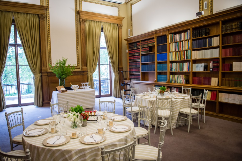 Round tables set for dinner.